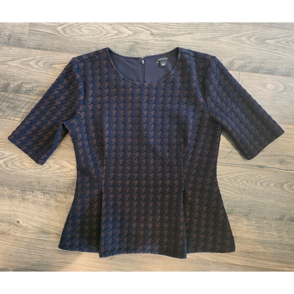 Women's sz S Ann Taylor Navy Copper Metallic Textured Peplum Top Elbow Sleeve